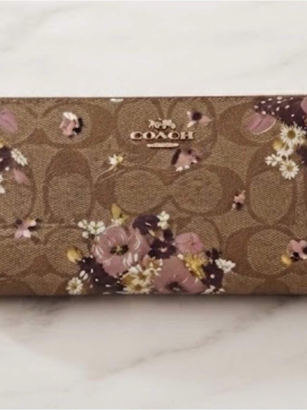 Coach Brown Floral Continental Wallet with Pink and Yellow Accents